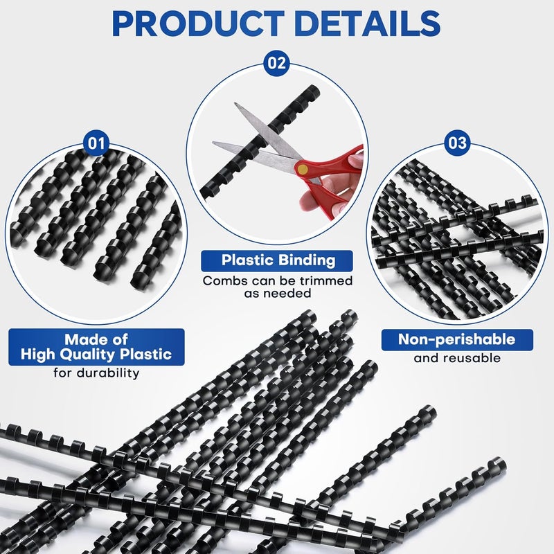 MYFULLY 100 Pack 21 Ring Plastic Comb Binding Spines | 1/4 Inch Diameter, 20 Sheet Capacity, A4, Black Binding Comb (1/4" (20 Sheet Capacity)) - Image 4